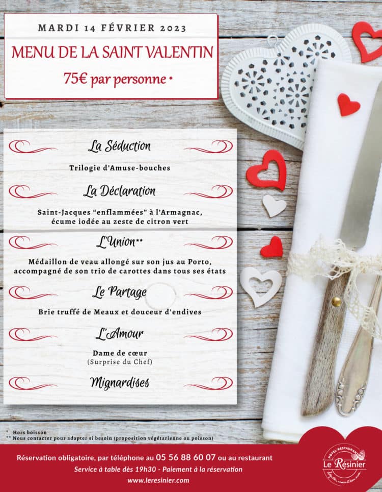 Menu de la Saint Valentin 2023 Restaurant Hôtel Le Barp Bordeaux Le